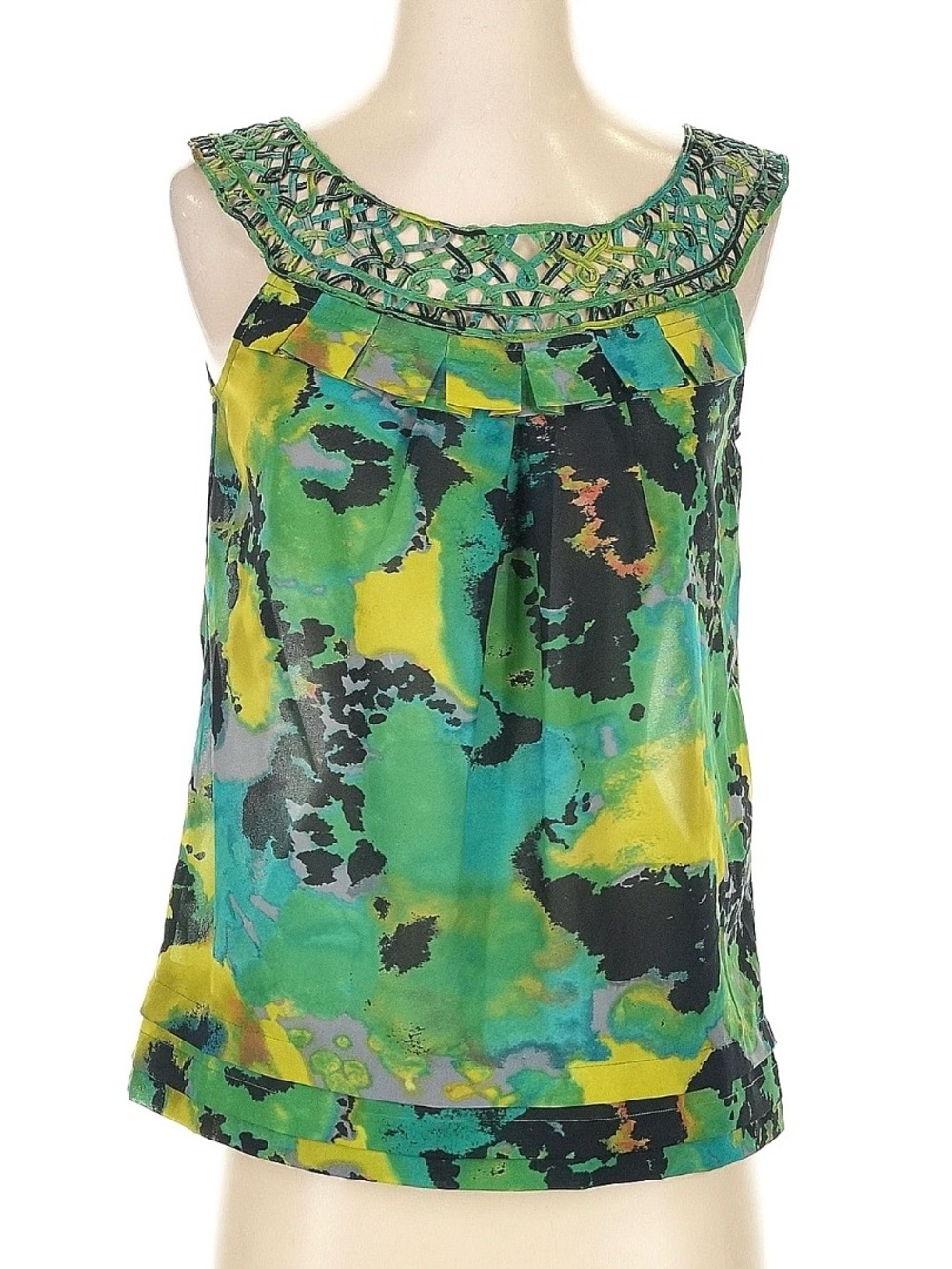 Anthropologie Odille Green Floral Lace Bib Top Silk Feel Botanical Boho Size 2